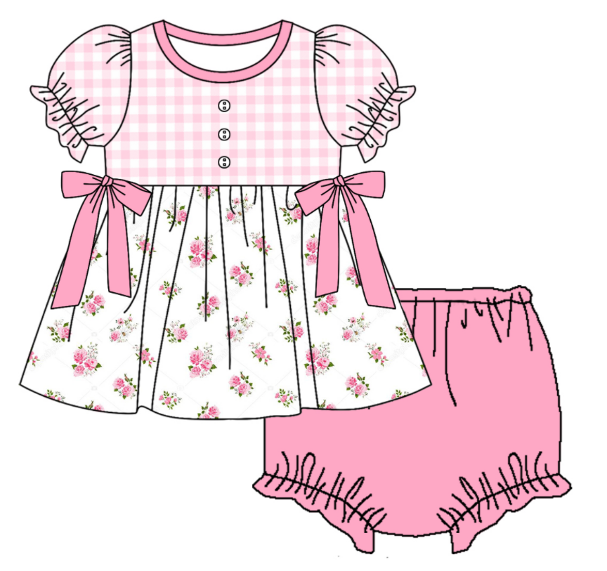 Baby Girl Short Sleeves Flower Plaid Pink Sibling Romper Dress Clothes Set ( Moq 5 Each Design )