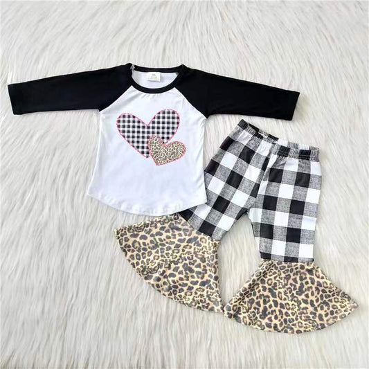 Promotion Baby Girl Valentine's Day Hearts Tops Plaid Leopard Bell Pants Set RTS