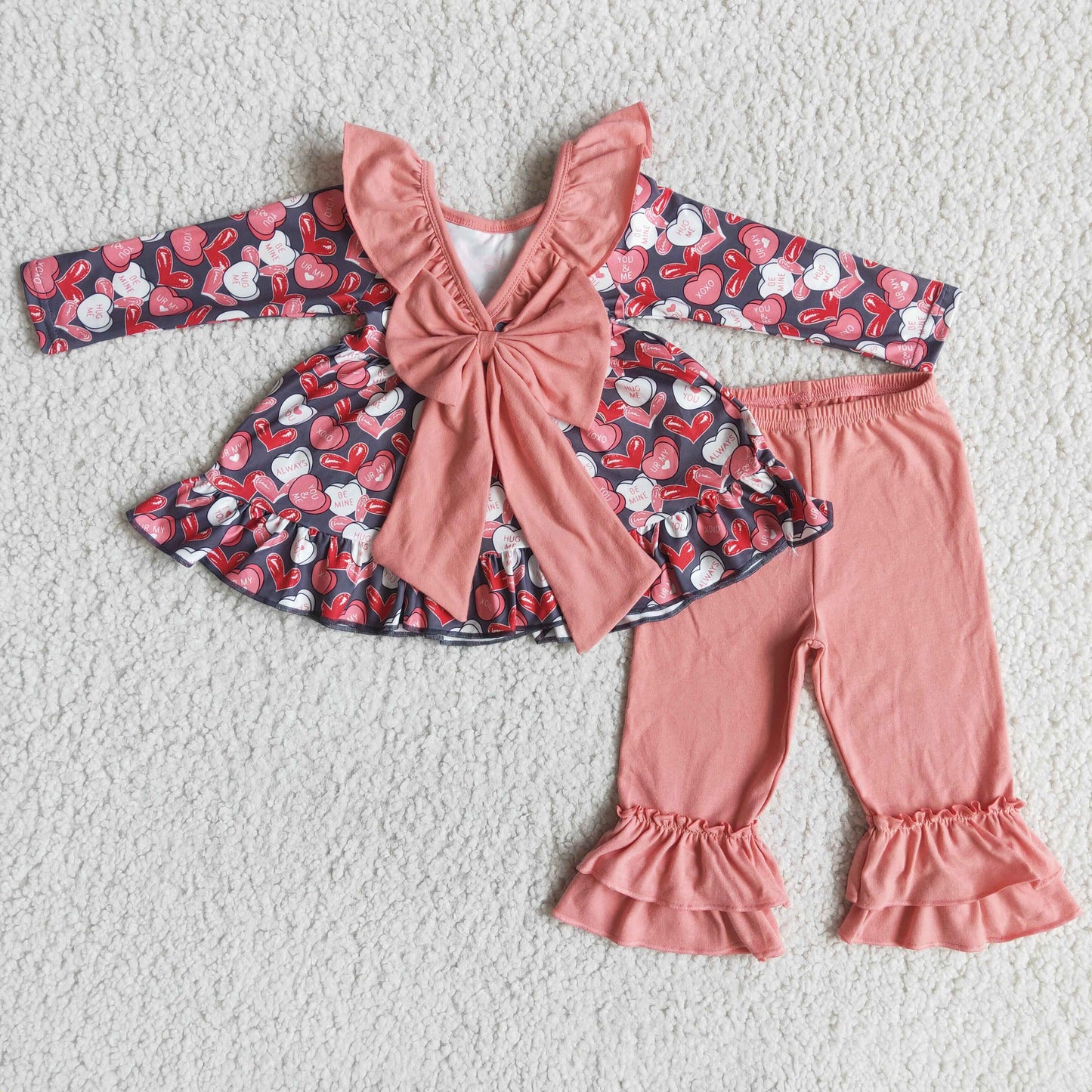 Promotion Baby Girl Kids Hearts Valentine's Bows Tunic Ruffle Cotton Pants Outfit RTS