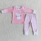 Promotion 6 B8-25 Easter Baby Girl Embroidery Rabbit Stripe Pants Pink Pajamas Set