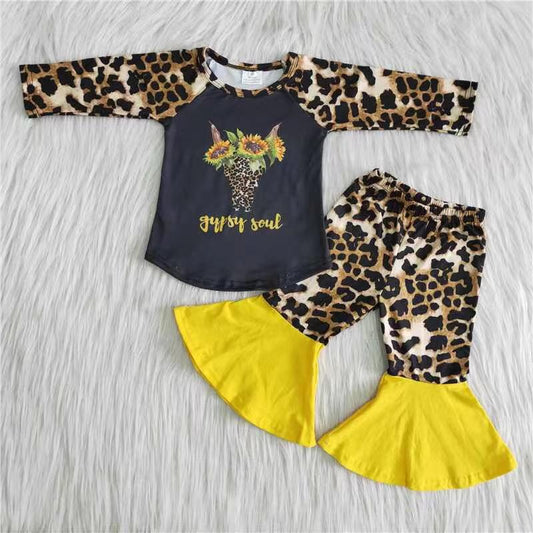 Promotion Baby Girl Leopard Long Sleeves Cow Sunflower Bell Pants Outfit