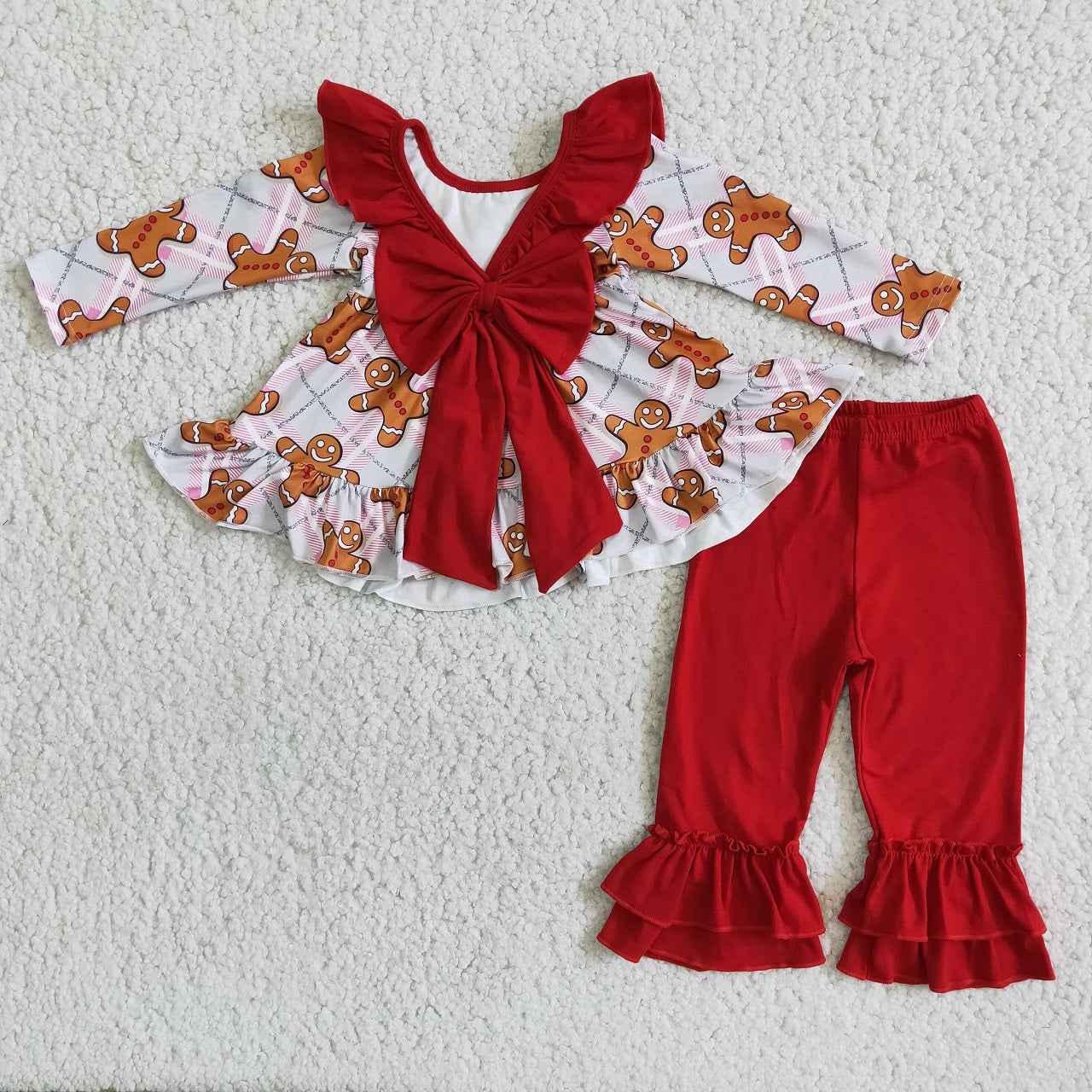 Promotion 6 B8-5 Baby Girl Christmas Gingerbread Tunic Red Ruffle Pants Set