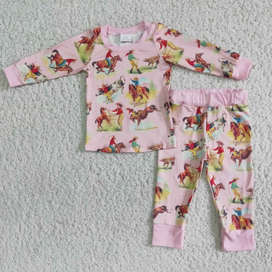 Promotion 6 B9-20 Baby Girl Long Sleeves Horse Pants Set Pink Pajamas