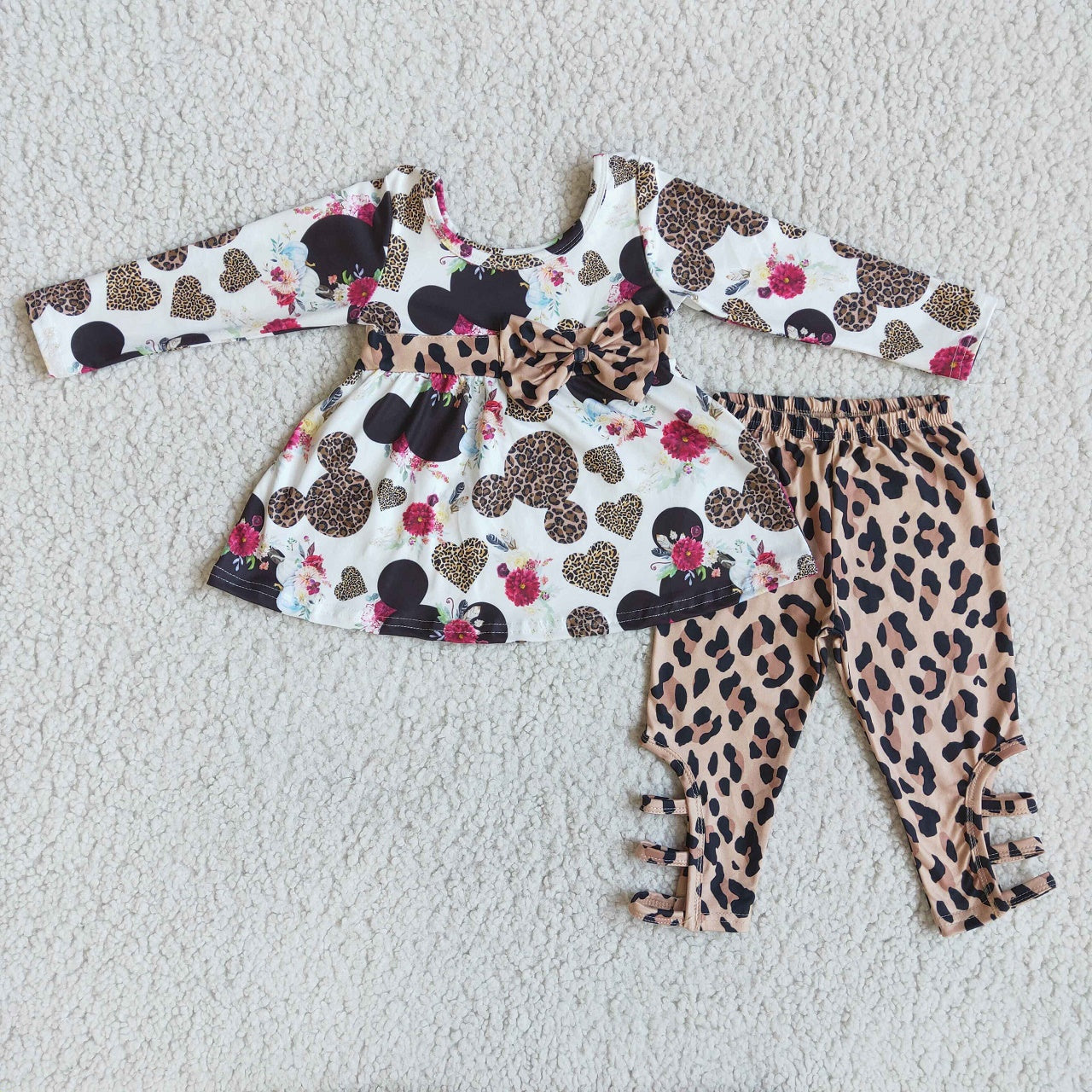 Promotion 6 B9-21 Valentine's Day Baby Girl Long Sleeves Mouse Hearts Tunic Leopard Pants Set