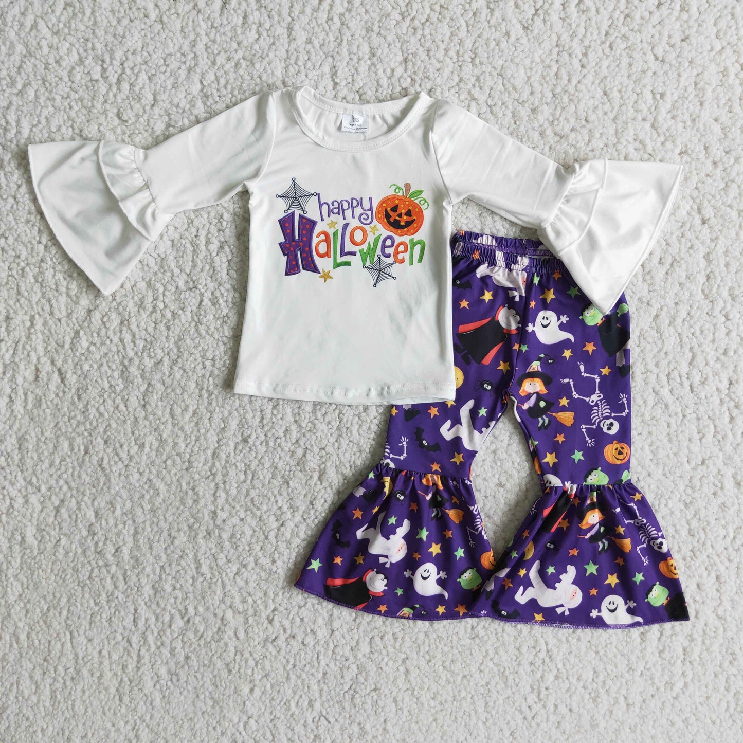 Promotion Baby Girl Long Sleeves Pumpkin Ghost Bell Pants Halloween Outfit RTS