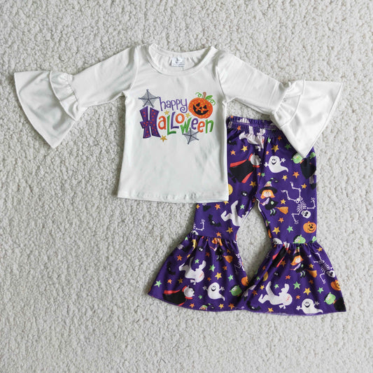Promotion Baby Girl Long Sleeves Pumpkin Ghost Bell Pants Halloween Outfit RTS