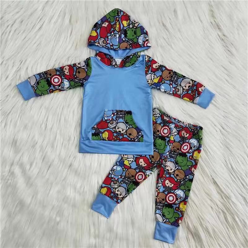 Promotion Baby Boy Long Sleeves Hoodie Shirts Cartoon Pants Blue Outfit