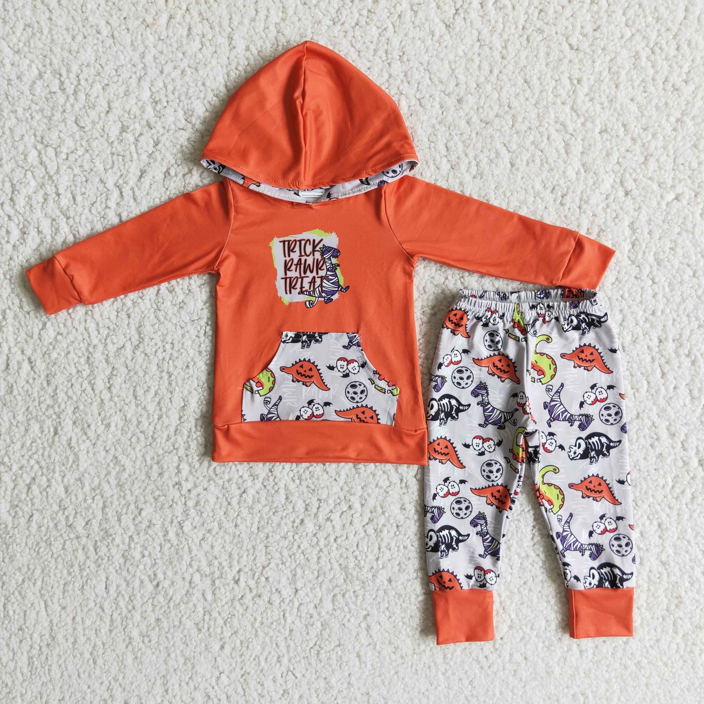 Promotion Baby Boy Halloween Dinosaur Hoodie Orange Outfit RTS