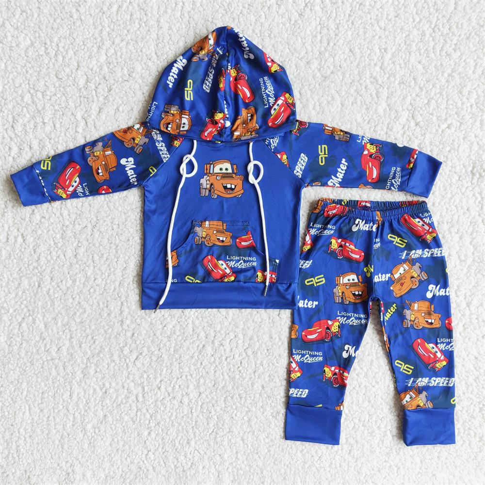 Promotion Baby Boy Long Sleeves Car Hoodie Shirts Cartoon Pants Outfit