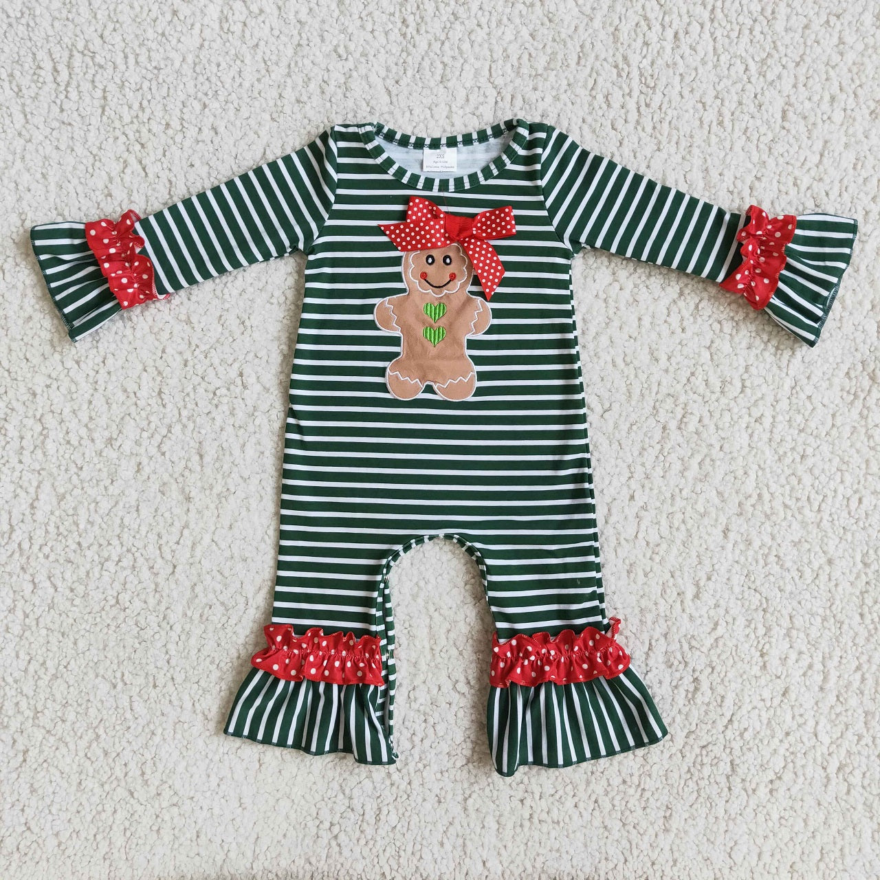 Promotion Baby Girl Long Sleeves Christmas Embroidery Gingerbread Green Stripes Romper