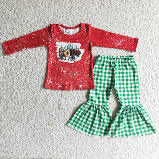 Promotion 6 C10-9 Baby Girl Long Sleeves Christmas Green Plaid Pants Outfit