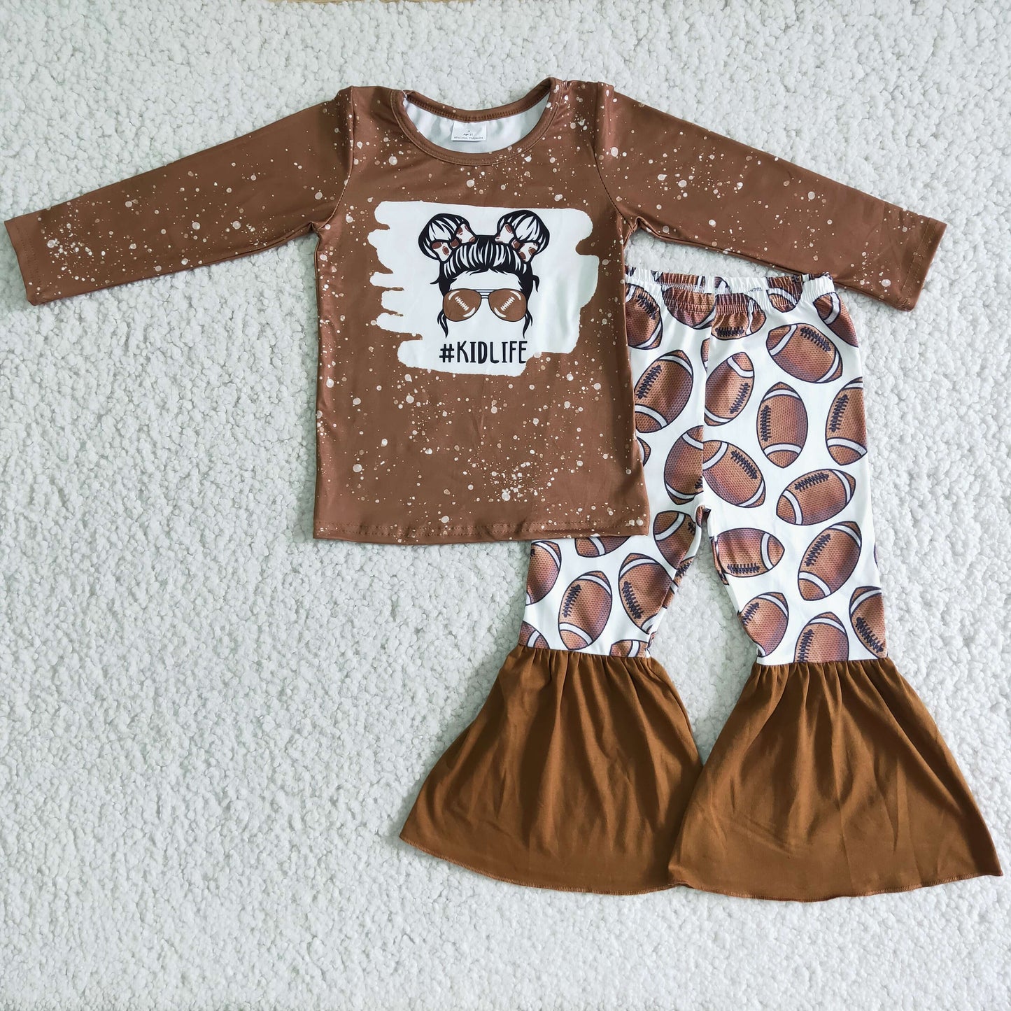 Promotion Baby Girl Long Sleeves Football Brown Bell Pants Set