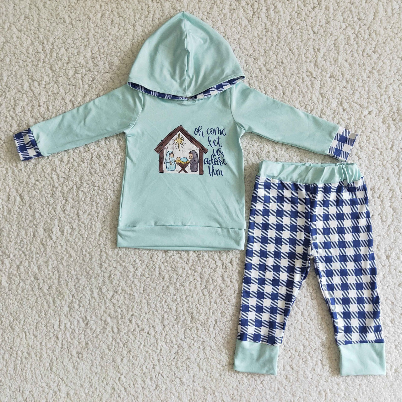 Promotion Baby Boy Long Sleeves Nativity Hoodie Shirt Plaid Pants Set