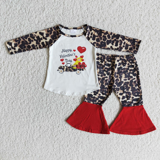 Promotion 6 C11-28 Valentine's Day Baby Girl Long Sleeves Truck Hearts Shirt Leopard Bell Pants Set