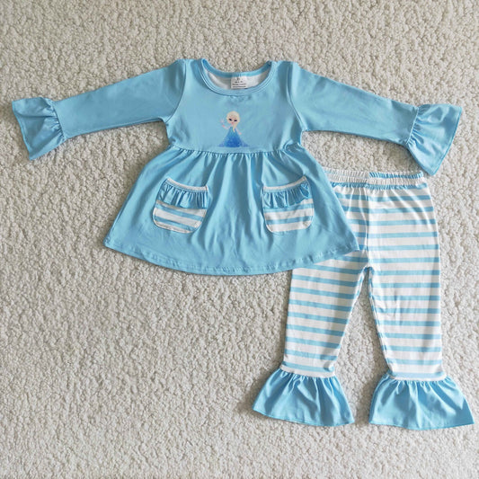 Promotion 6 C11-5 Baby Girl Princess Pocket Tops Stripes Pants Blue Set