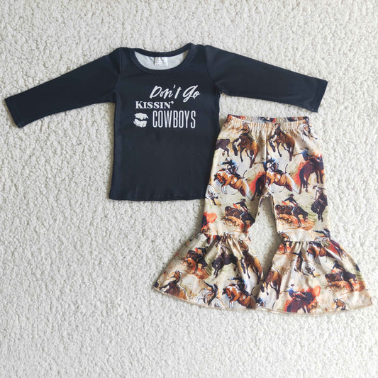 Promotion Baby Girl Black Long Sleeves Cowboys Shirt Western Horse Bell Pants Set RTS