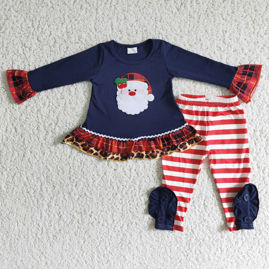 Promotion Baby Girl Long Sleeves Christmas Embroidery Santa Shirt Stripes Pants Set