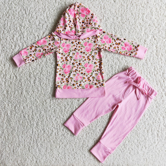 Promotion 6 C7-22 Baby Girl Floral Hoodie Tops Pink Cotton Pants Set