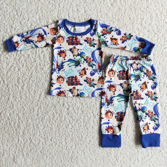 Promotion Baby Boy Long Sleeves Shirt Bell Pants Blue Cartoon Outfit