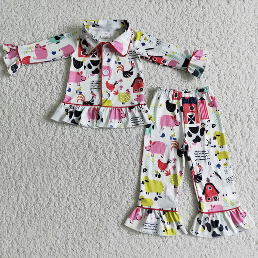 Promotion 6 C7-40 Baby Girl Button Up Tops Pants Farm Pajamas Set