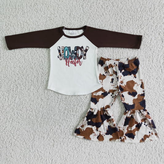 Promotion Baby Girl Long Sleeves Howdy Western Cow Print Bell Pants Set