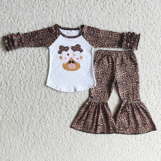 Promotion Christmas Baby Girl Long Sleeves Deer Leopard Bell Pants Outfit