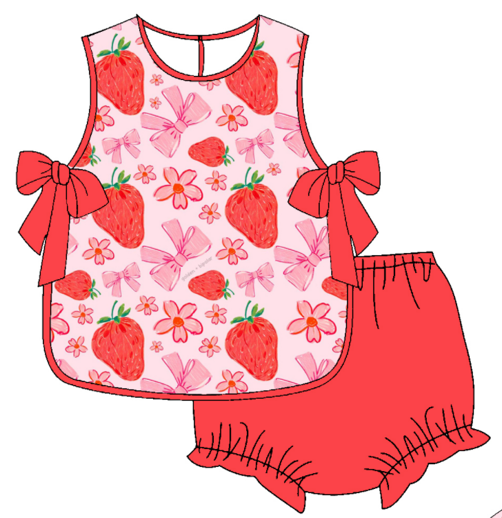 Baby Girl Strawberry Flower Bows Sibling Matching Dress Romper Clothes Set ( Moq 5 Each style )