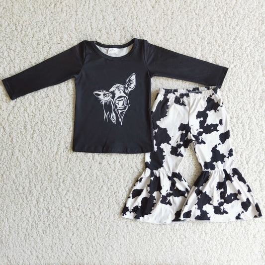 Promotion Baby Girl Long Sleeves Cow Black Shirt Bell Pants Western Set