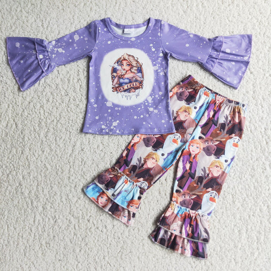 Promotion Baby Girl Kids Purple Long Sleeves Princess Shirt Ruffle Pants Outfit