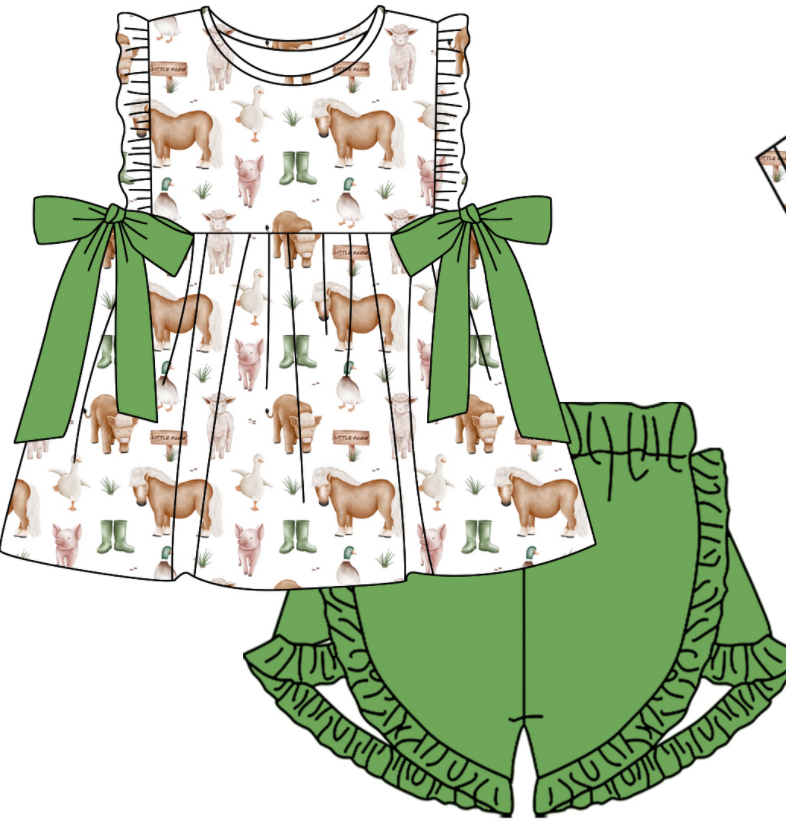 Baby Boy Girl Animals Sibling Matching Green Dress Romper Clothes Set ( Moq 5 Each style )