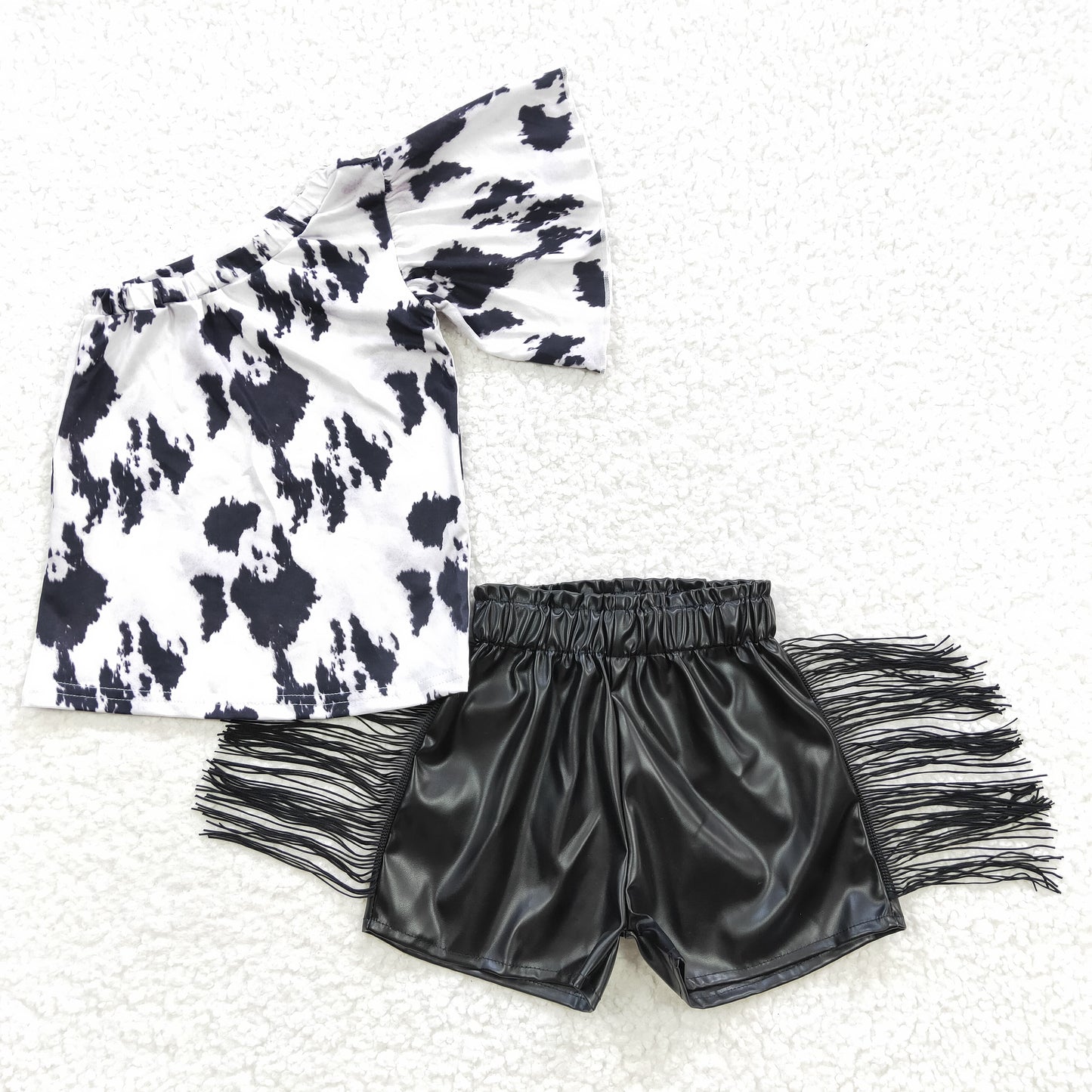 Baby Girl One Shoulder Cow Print Top Black Tassel Leather Shorts Summer Western Outfit