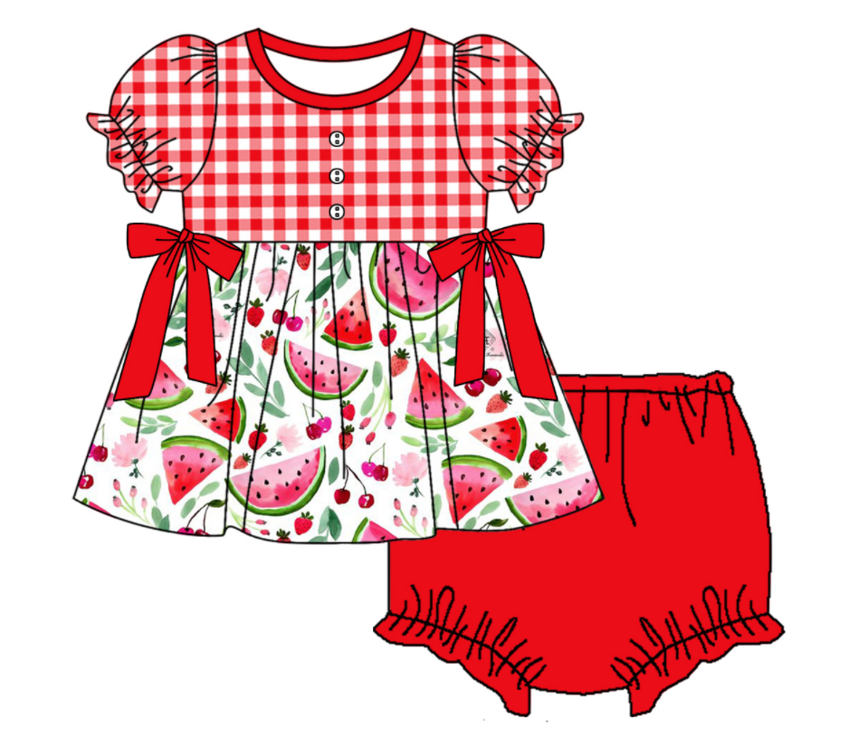 Baby Girl Short Sleeves Watermelon Red Plaid Sibling Romper Dress Clothes Set ( Moq 5 Each Design )