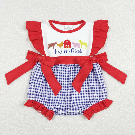 SR0696 Baby Girl Short Sleeves Farm Plaid Ruffle Romper