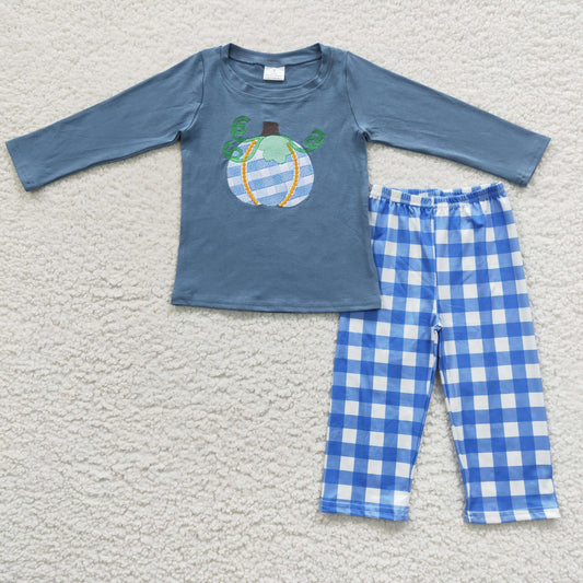 BLP0174 Baby Boy Long Sleeves Pumpkin Embroidery Shirt Plaid Pants Pajamas Outfit