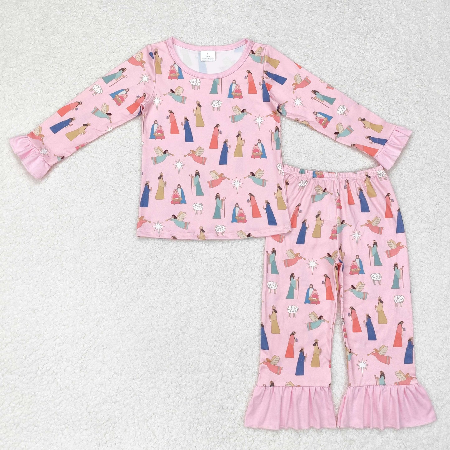 Baby Girl Nativity Christmas Pink Shirt Ruffle Pants Pajamas Set