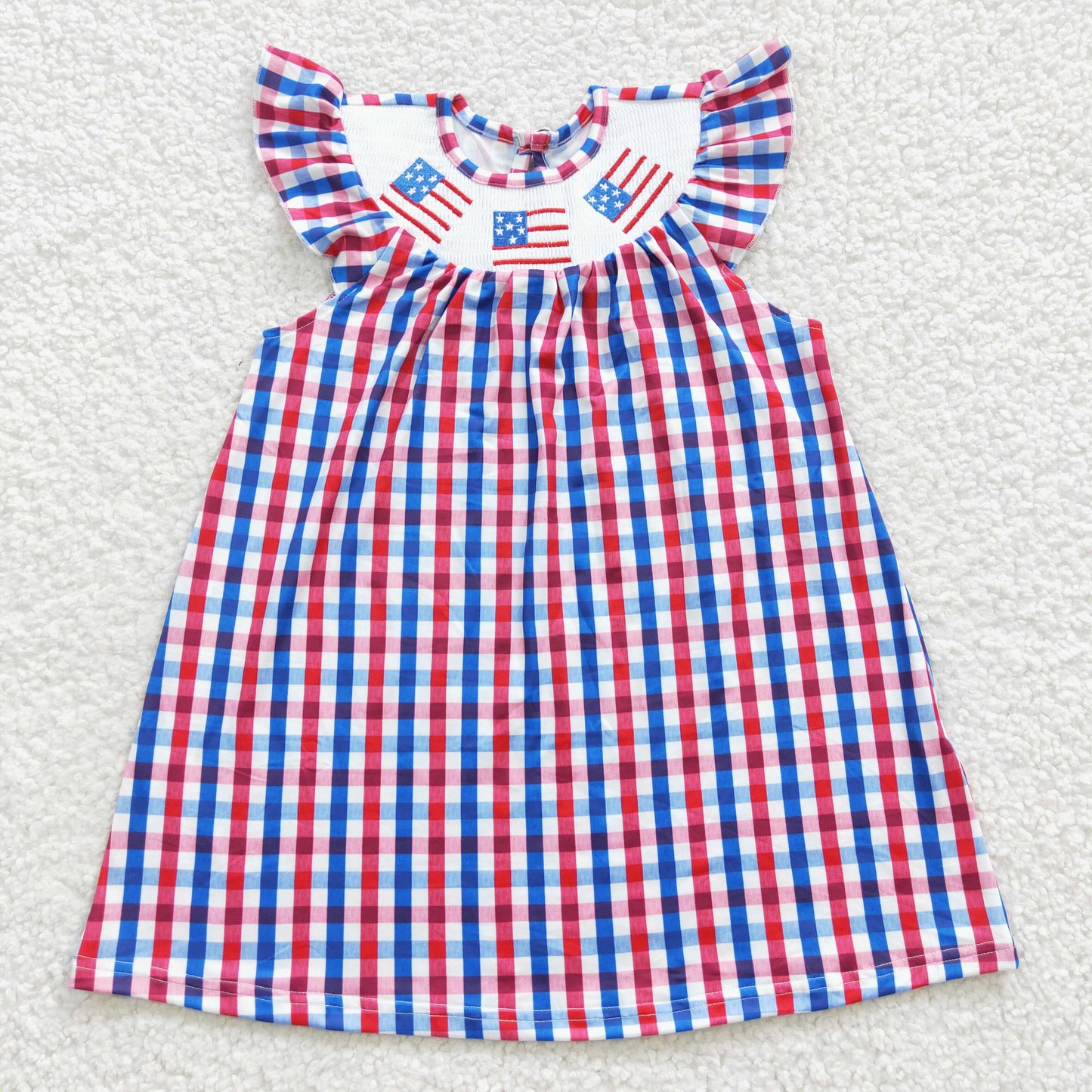 GSD0387 July 4th Baby Girl Smocked Gingham Embroidery Summer Dress