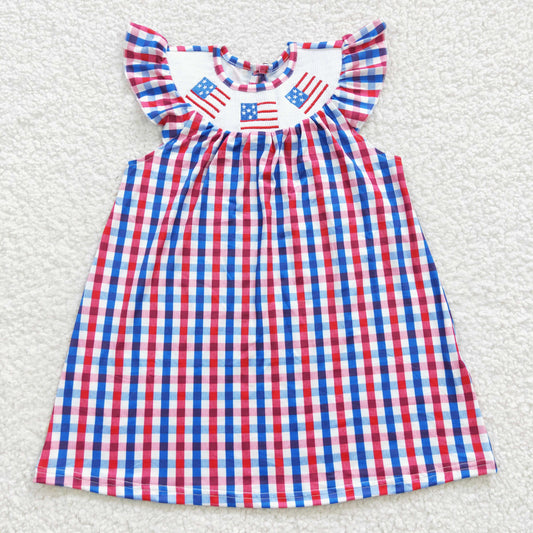 GSD0387 July 4th Baby Girl Smocked Gingham Embroidery Summer Dress