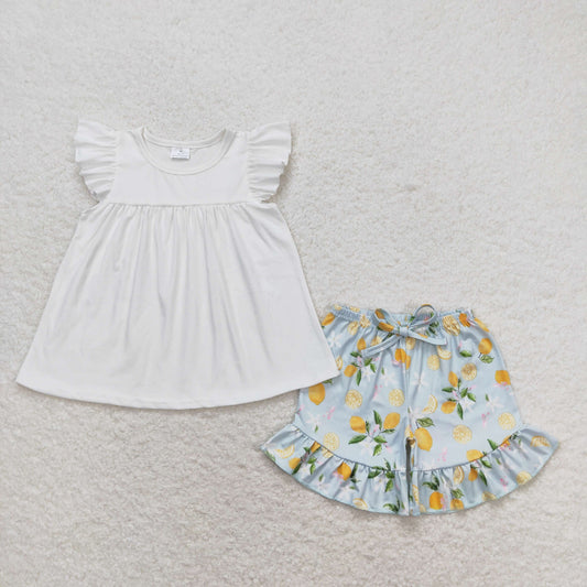 Baby Girl Short Sleeves White Cotton Tunic Lemons Shorts Summer Set
