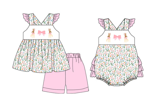 Baby Girl Easter Rabbits Bows Floral Sibling Romper Set ( Moq 5 Each Style ) 1.8