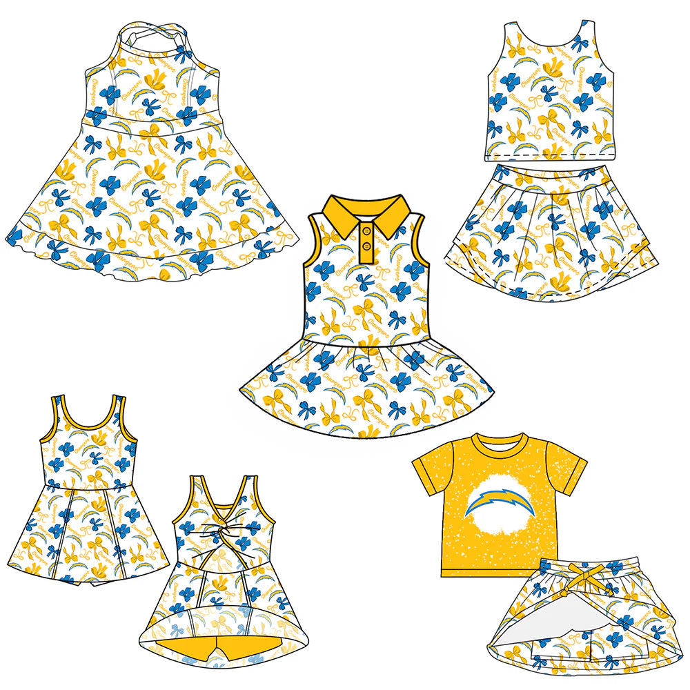 ( Moq 5 each style ) Baby Girl Toddler Team Yellow Blue Bows Sibling Skort Dress Set 6.4