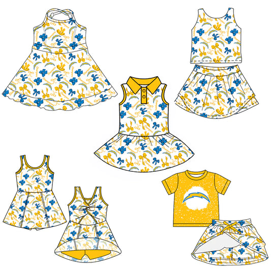 ( Moq 5 each style ) Baby Girl Toddler Team Yellow Blue Bows Sibling Skort Dress Set 6.4
