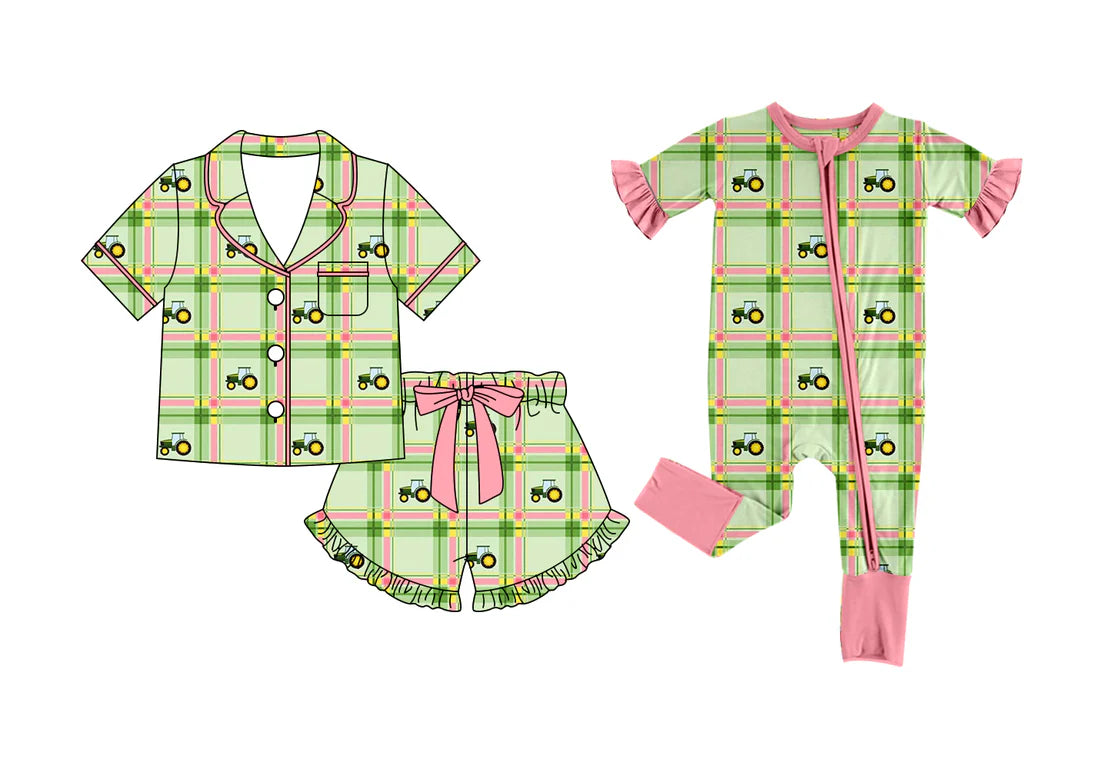 ( Moq 5 Each Style ) Sibling Baby Girls Kids Short Sleeves Tractors Plaid Buttons Shirt Shorts Pajamas Set Zipper Romper