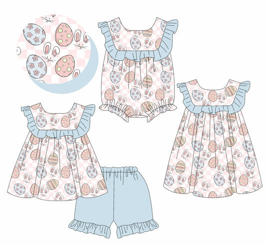 ( Moq 5 Each Style ) Baby Girls Kids Short Sleeves Rabbits Eggs Plaid Sibling Romper Dress Set