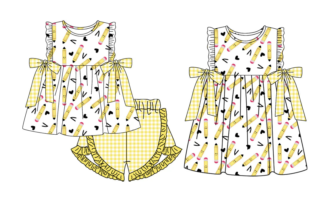 ( Moq 5 Each Style ) Sibling Baby Girls Kids Pencil Hearts Bows Back to School Dress Set