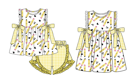 ( Moq 5 Each Style ) Sibling Baby Girls Kids Pencil Hearts Bows Back to School Dress Set