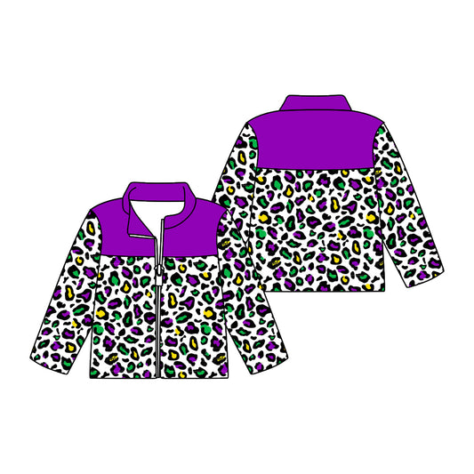 Baby Kids Toddler Mardi Gras Leopard Zipper Purple Cardigan Tops