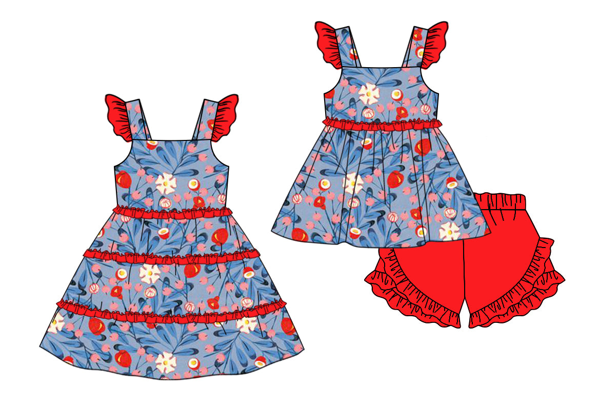 Baby Girl Short Sleeves Flower Sibling Matching Dress Red Clothes Set Moq 5 Each Design