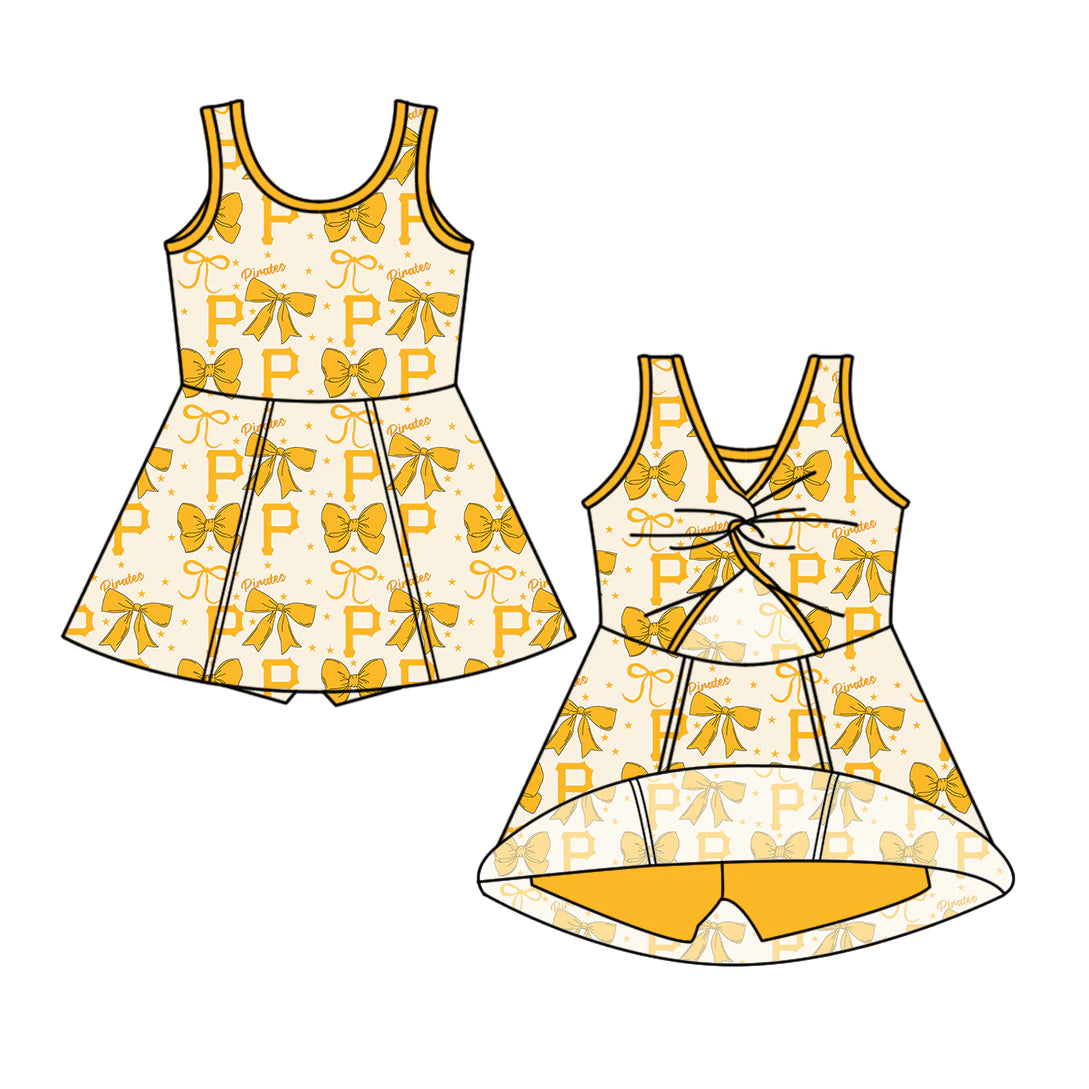 ( Moq 5 each style ) Baby Boy Girl Toddler P Team Yellow Bows Sibling Shirt Dress Set 6.21