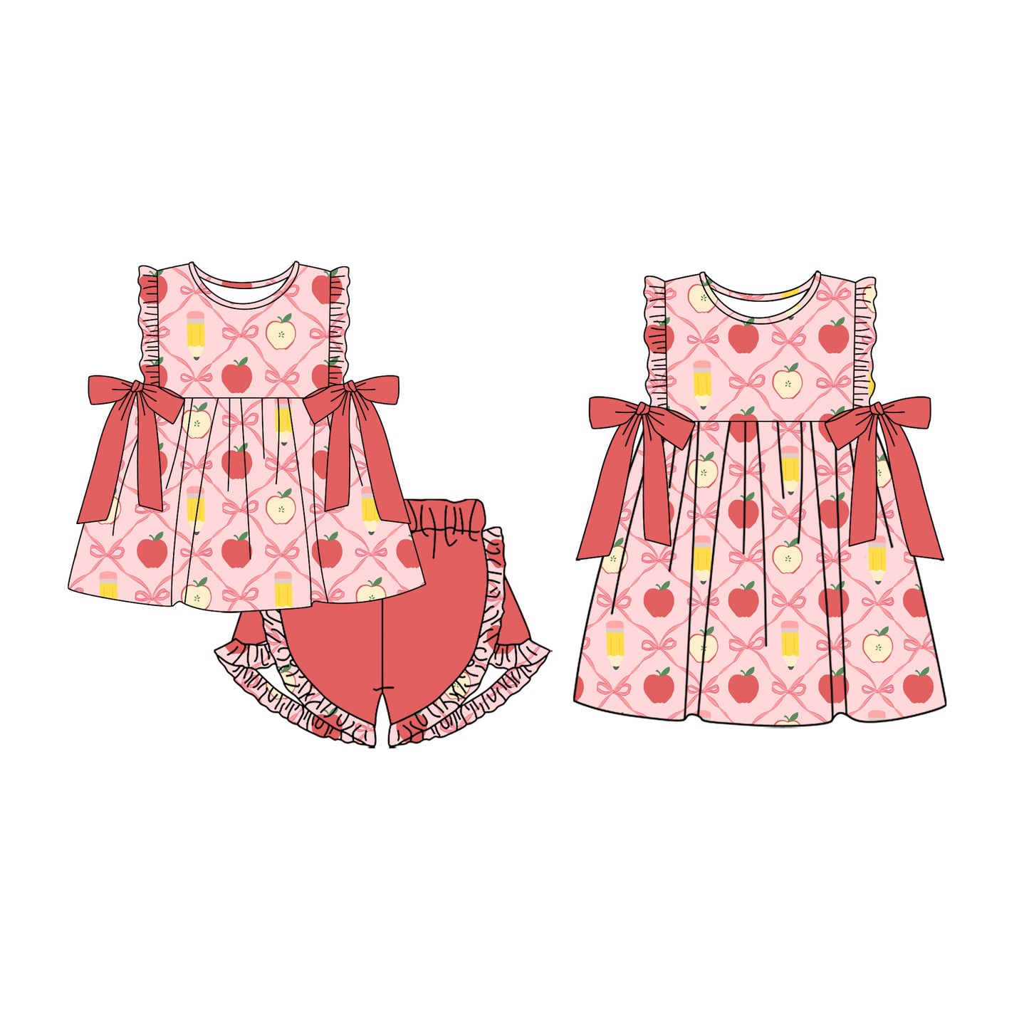 Baby Boy Girl Back To School Pencil Bows Sibling Pink Dress Clothes Set ( Moq 5 Each style ) 12.3