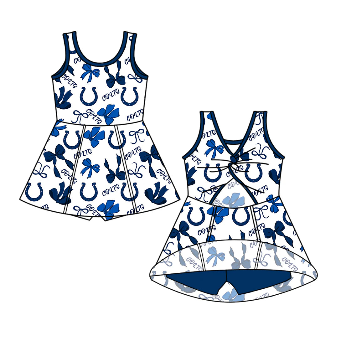 ( Moq 5 each style ) Baby Girl Toddler Blue Team Bows Sibling Skort Dress Set 6.6